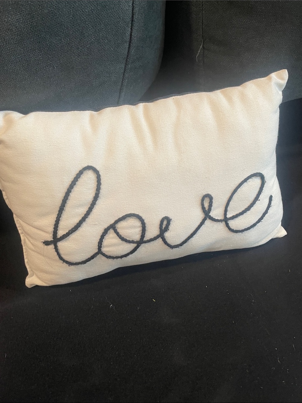 Embroidered 'Love' Accent Pillow - Cream with Black Script